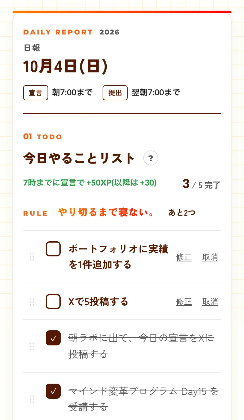 日報の「今日やることリスト」の画面